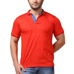 Men's Casual Cotton Printed Polo Neck Half Sleeve T-Shirt (Red)