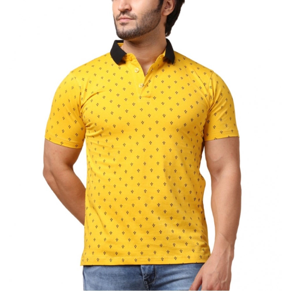 Men's Casual Cotton Printed Polo Neck Half Sleeve T-Shirt (Yellow)