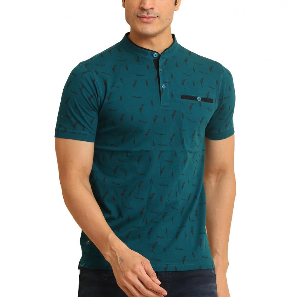 Men's Casual Cotton Printed Mandarin Collar Half Sleeve T-Shirt (Green)