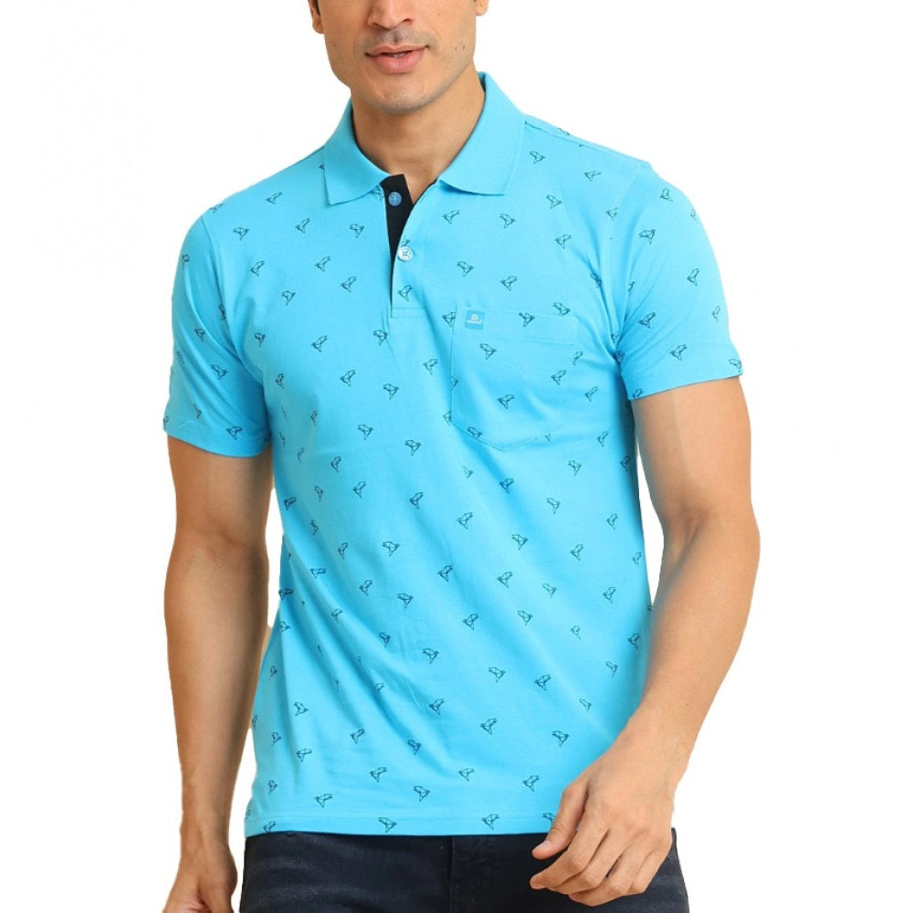 Men's Casual Cotton Printed Polo Neck Half Sleeve T-Shirt (Skyblue)