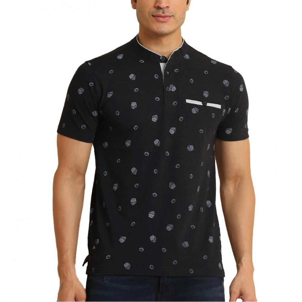 Men's Casual Cotton Printed Mandarin Collar Half Sleeve T-Shirt (Black)