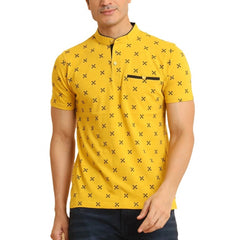 Men's Casual Cotton Printed Mandarin Collar Half Sleeve T-Shirt (Mustard)