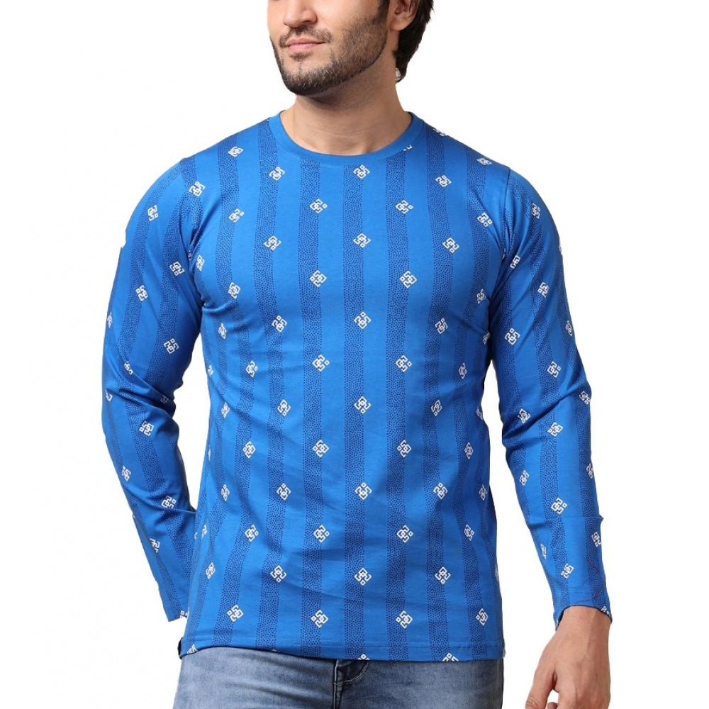 Men's Casual Cotton Printed Round Neck Full Sleeve T-Shirt (Blue)