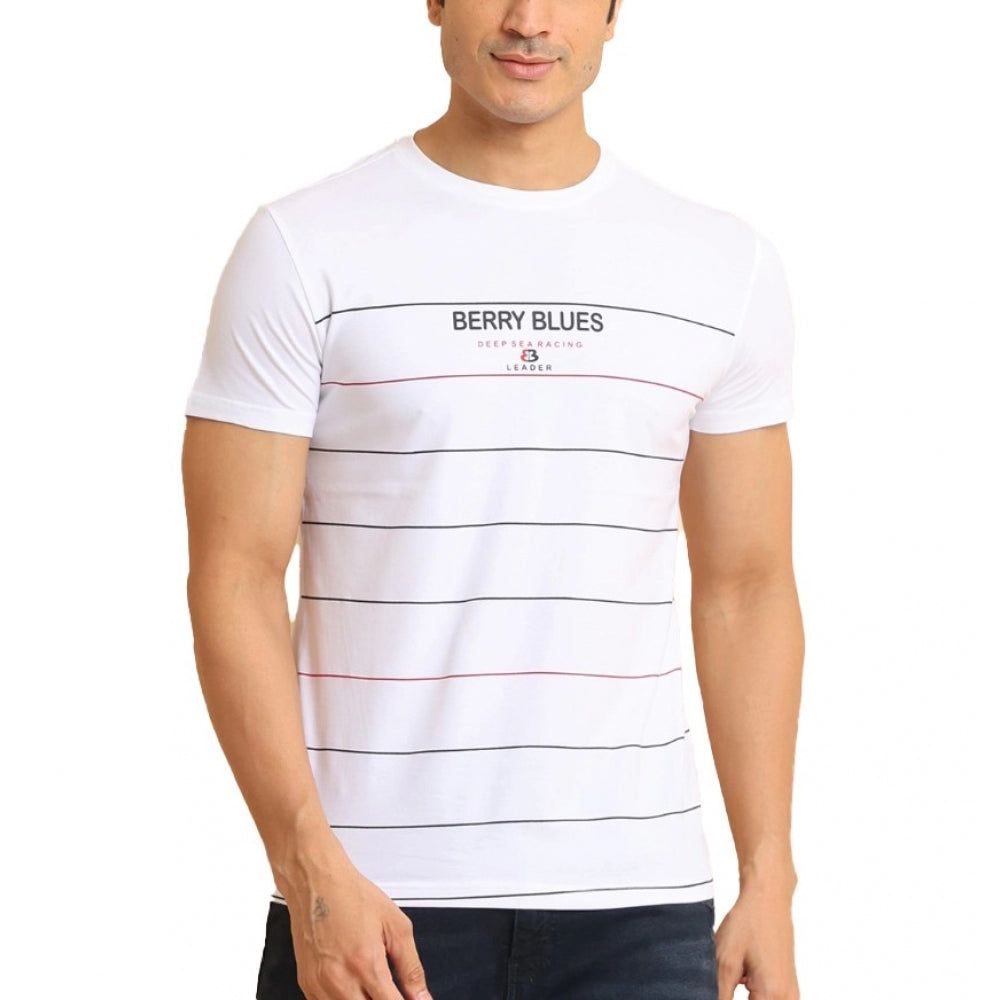 Men's Casual Cotton Printed Round Neck Half Sleeve T-Shirt (White)