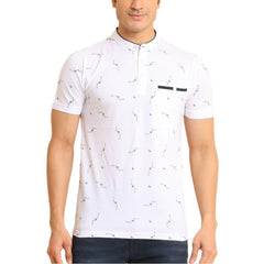 Men's Casual Cotton Printed Mandarin Collar Half Sleeve T-Shirt (White)