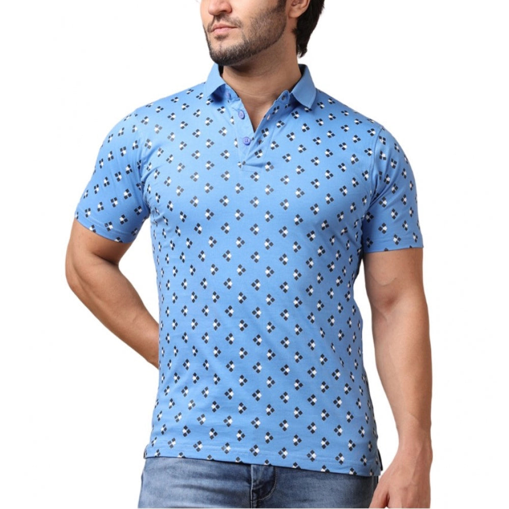 Men's Casual Cotton Printed Polo Neck Half Sleeve T-Shirt (Blue)