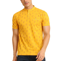 Men's Casual Cotton Printed Mandarin Collar Half Sleeve T-Shirt (Mustard)