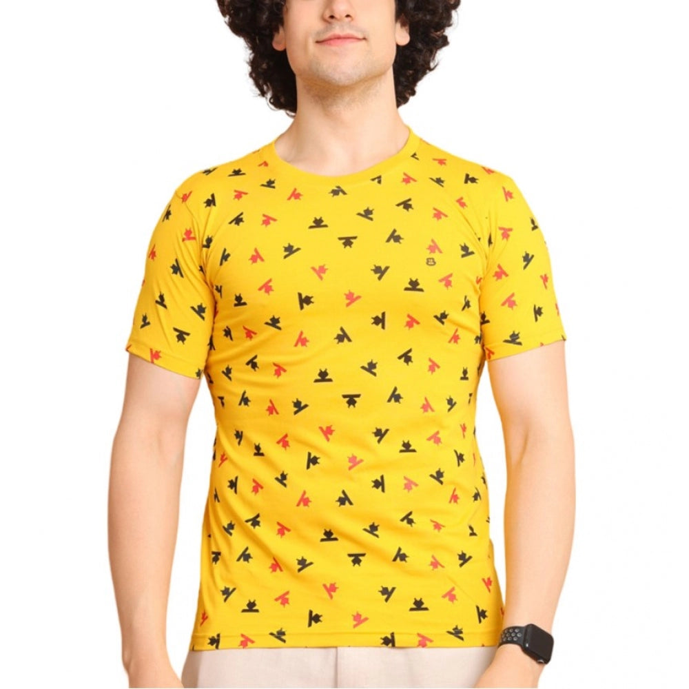 Men's Casual Cotton Printed Round Neck Half Sleeve T-Shirt (Yellow)