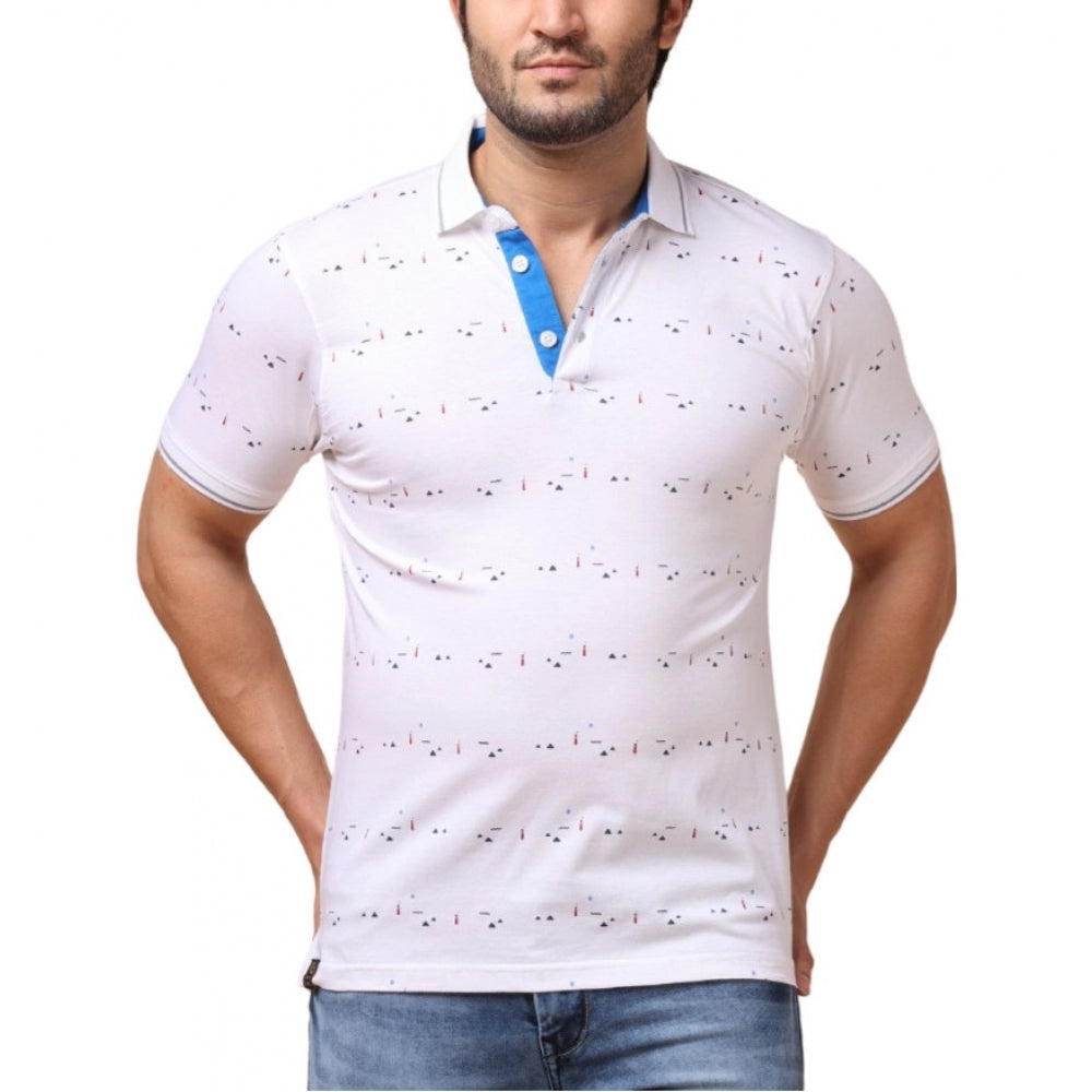 Men's Casual Cotton Printed Polo Neck Half Sleeve T-Shirt (White)