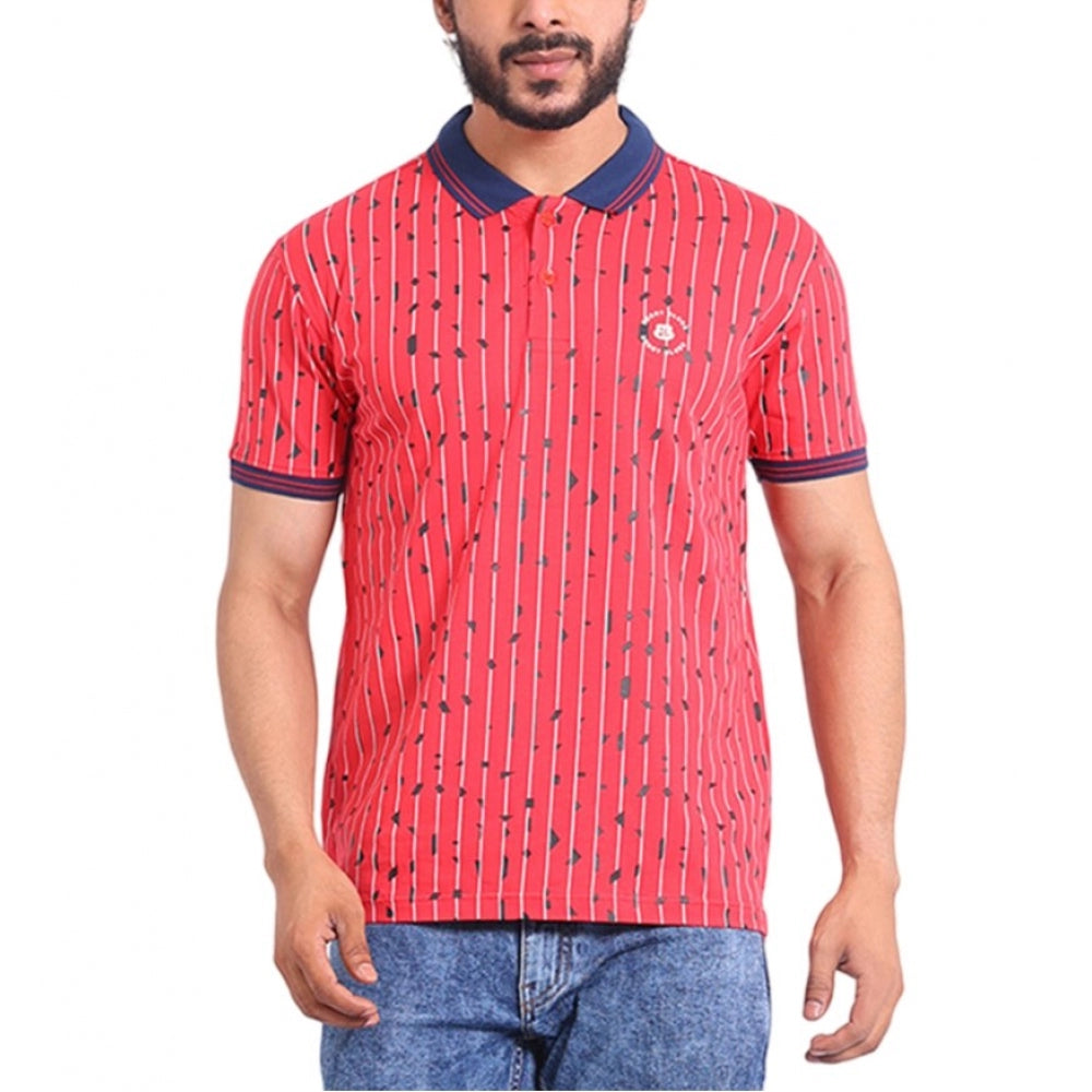 Men's Casual Cotton Printed Polo Neck Half Sleeve T-Shirt (Red)