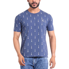 Men's Casual Cotton Printed Round Neck Half Sleeve T-Shirt (Blue)