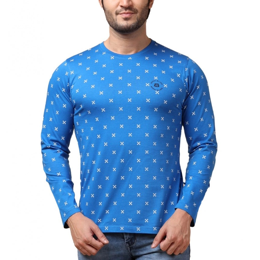 Men's Casual Cotton Printed Round Neck Full Sleeve T-Shirt (Blue)