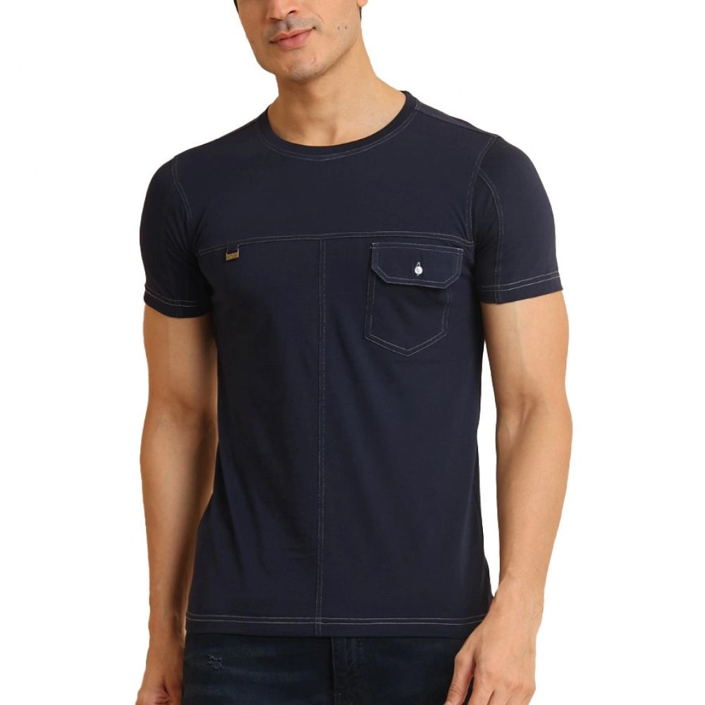 Men's Casual Cotton Solid Round Neck Half Sleeve T-Shirt (Navy)