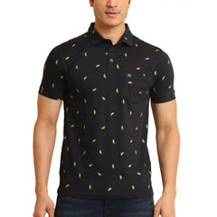 Men's Casual Cotton Printed Polo Neck Half Sleeve T-Shirt (Black)