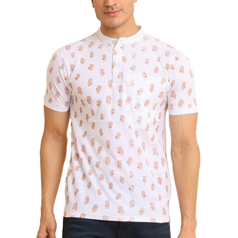 Men's Casual Cotton Printed Mandarin Collar Half Sleeve T-Shirt (White)