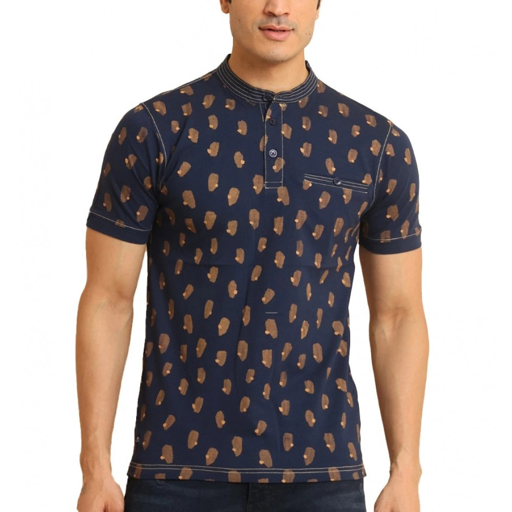 Men's Casual Cotton Printed Mandarin Collar Half Sleeve T-Shirt (Navy)