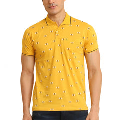 Men's Casual Cotton Printed Polo Neck Half Sleeve T-Shirt (Mustard)