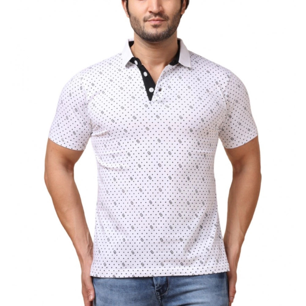 Men's Casual Cotton Printed Polo Neck Half Sleeve T-Shirt (White)