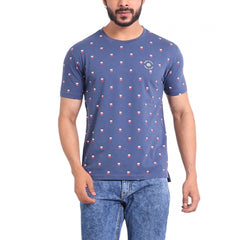 Men's Casual Cotton Printed Round Neck Half Sleeve T-Shirt (Blue)