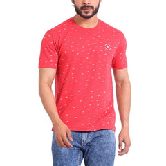 Men's Casual Cotton Printed Round Neck Half Sleeve T-Shirt (Red)