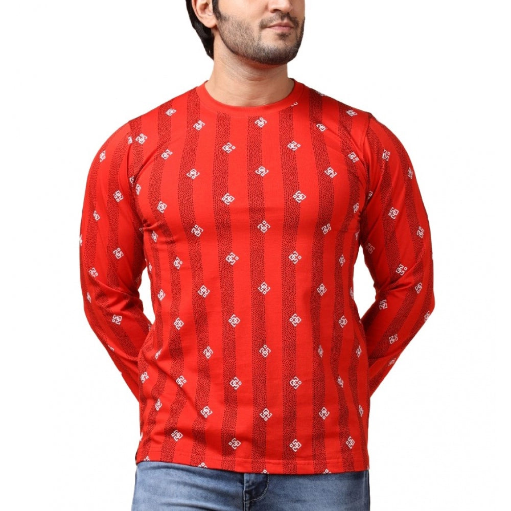 Men's Casual Cotton Printed Round Neck Full Sleeve T-Shirt (Red)