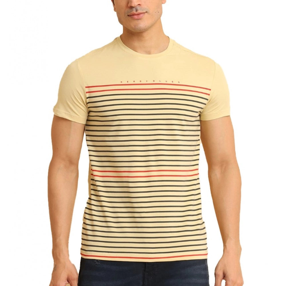 Men's Casual Cotton Printed Round Neck Half Sleeve T-Shirt (Beige)