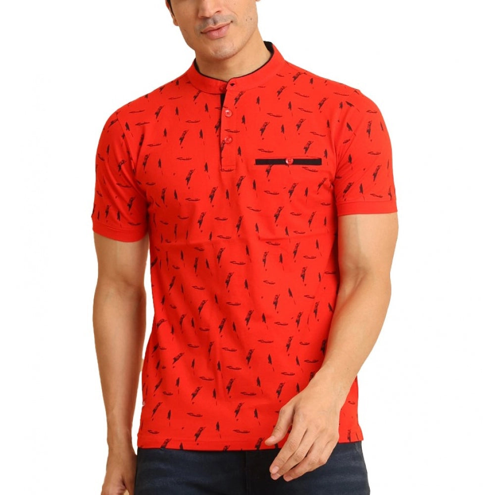 Men's Casual Cotton Printed Mandarin Collar Half Sleeve T-Shirt (Red)