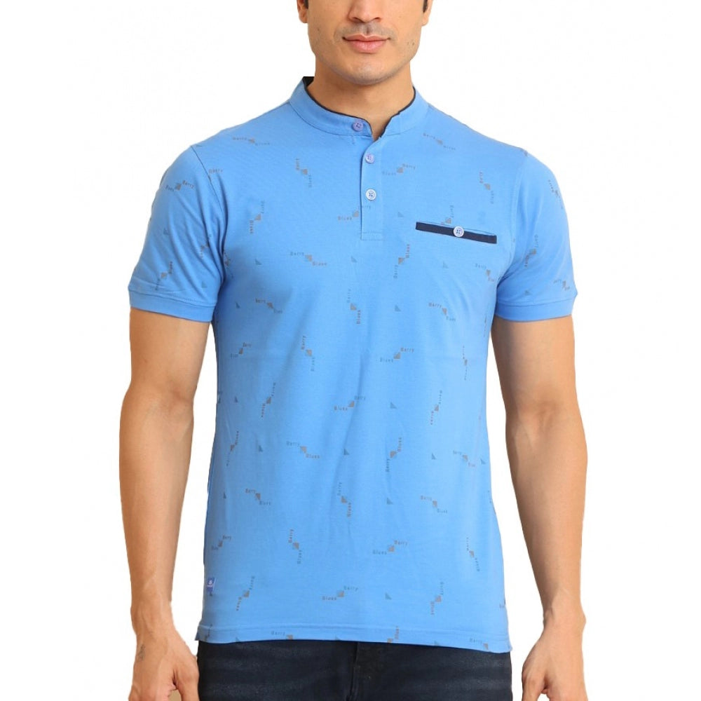 Men's Casual Cotton Printed Mandarin Collar Half Sleeve T-Shirt (LightBlue)