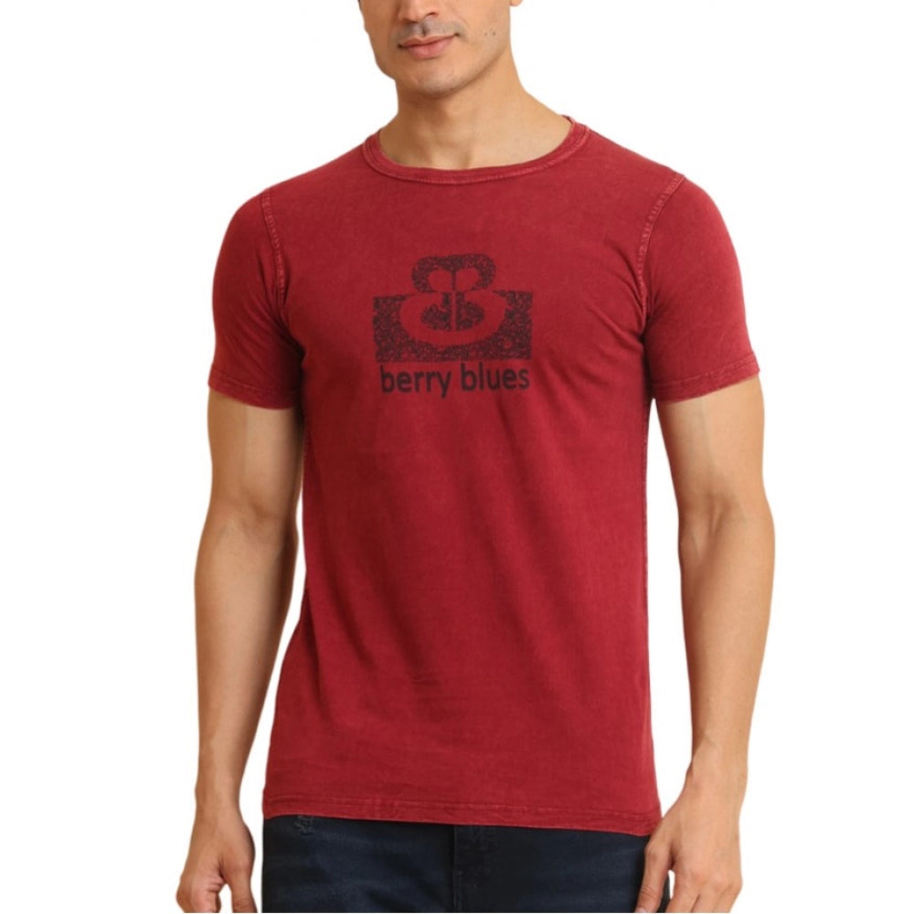 Men's Casual Cotton Printed Round Neck Half Sleeve T-Shirt (Maroon)