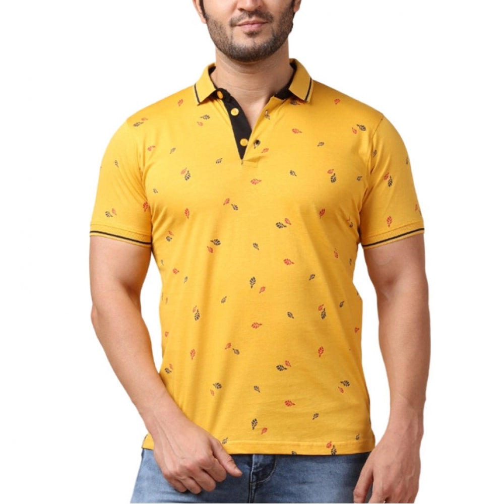 Men's Casual Cotton Printed Polo Neck Half Sleeve T-Shirt (Mustard)