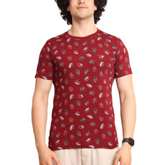 Men's Casual Cotton Printed Round Neck Half Sleeve T-Shirt (Maroon)