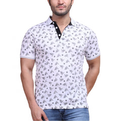 Men's Casual Cotton Printed Polo Neck Half Sleeve T-Shirt (White)