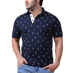 Men's Casual Cotton Printed Polo Neck Half Sleeve T-Shirt (Navy)