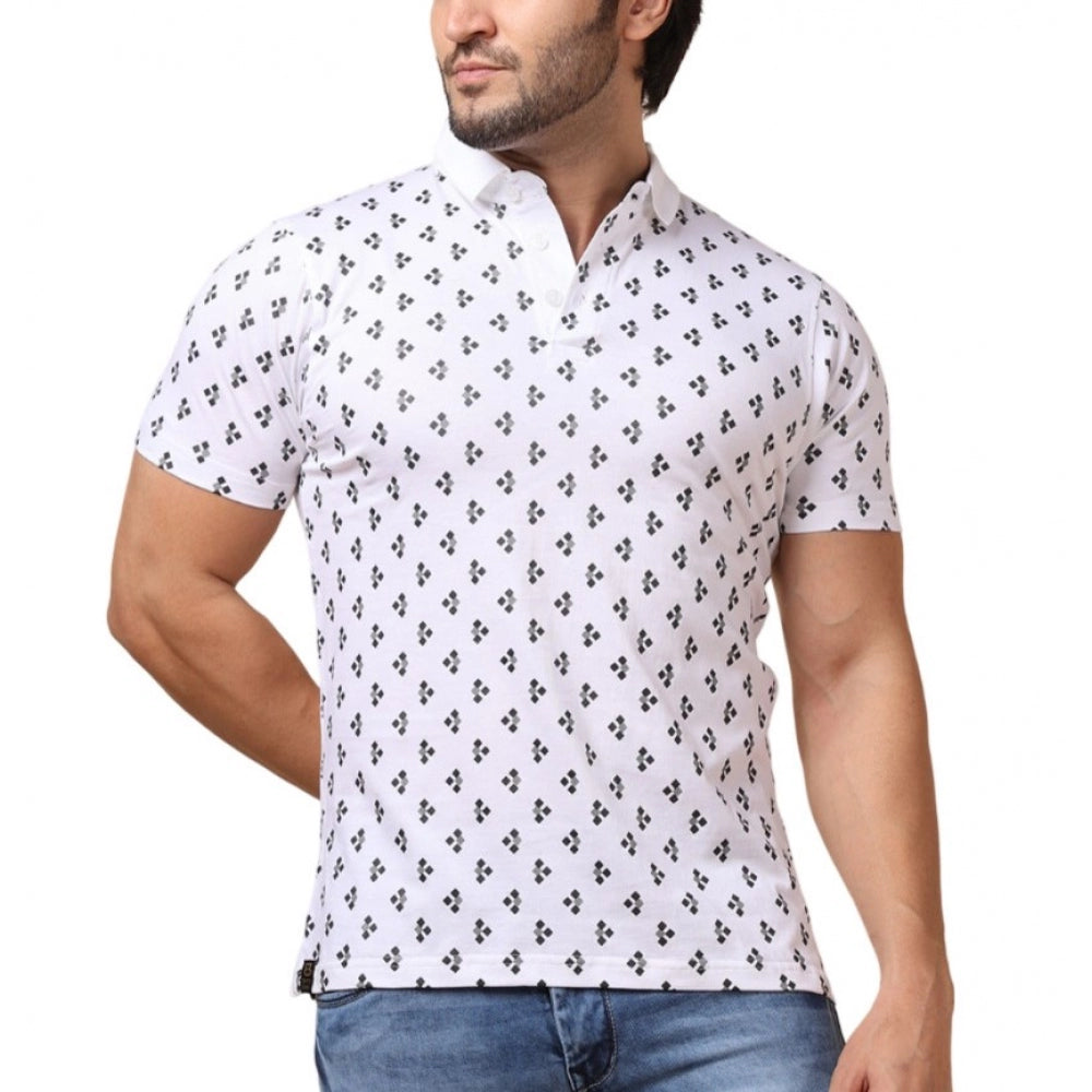 Men's Casual Cotton Printed Polo Neck Half Sleeve T-Shirt (White)