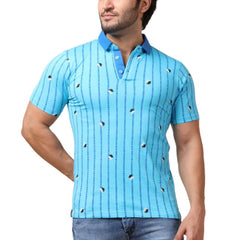 Men's Casual Cotton Printed Polo Neck Half Sleeve T-Shirt (Skyblue)