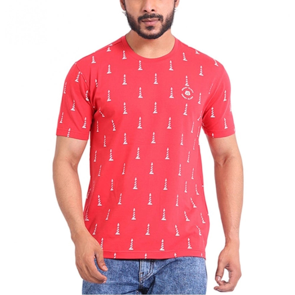 Men's Casual Cotton Printed Round Neck Half Sleeve T-Shirt (Red)