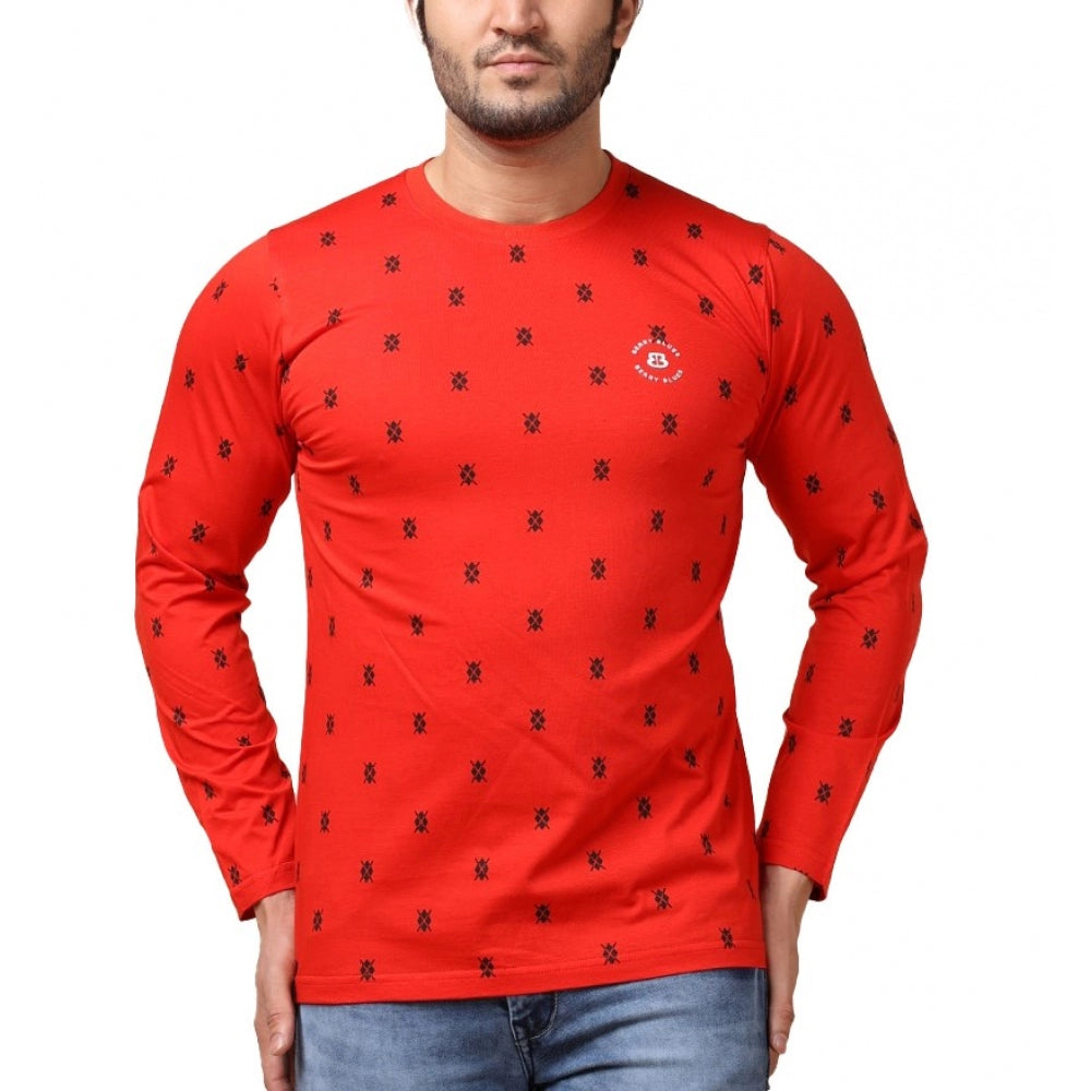 Men's Casual Cotton Printed Round Neck Full Sleeve T-Shirt (Red)