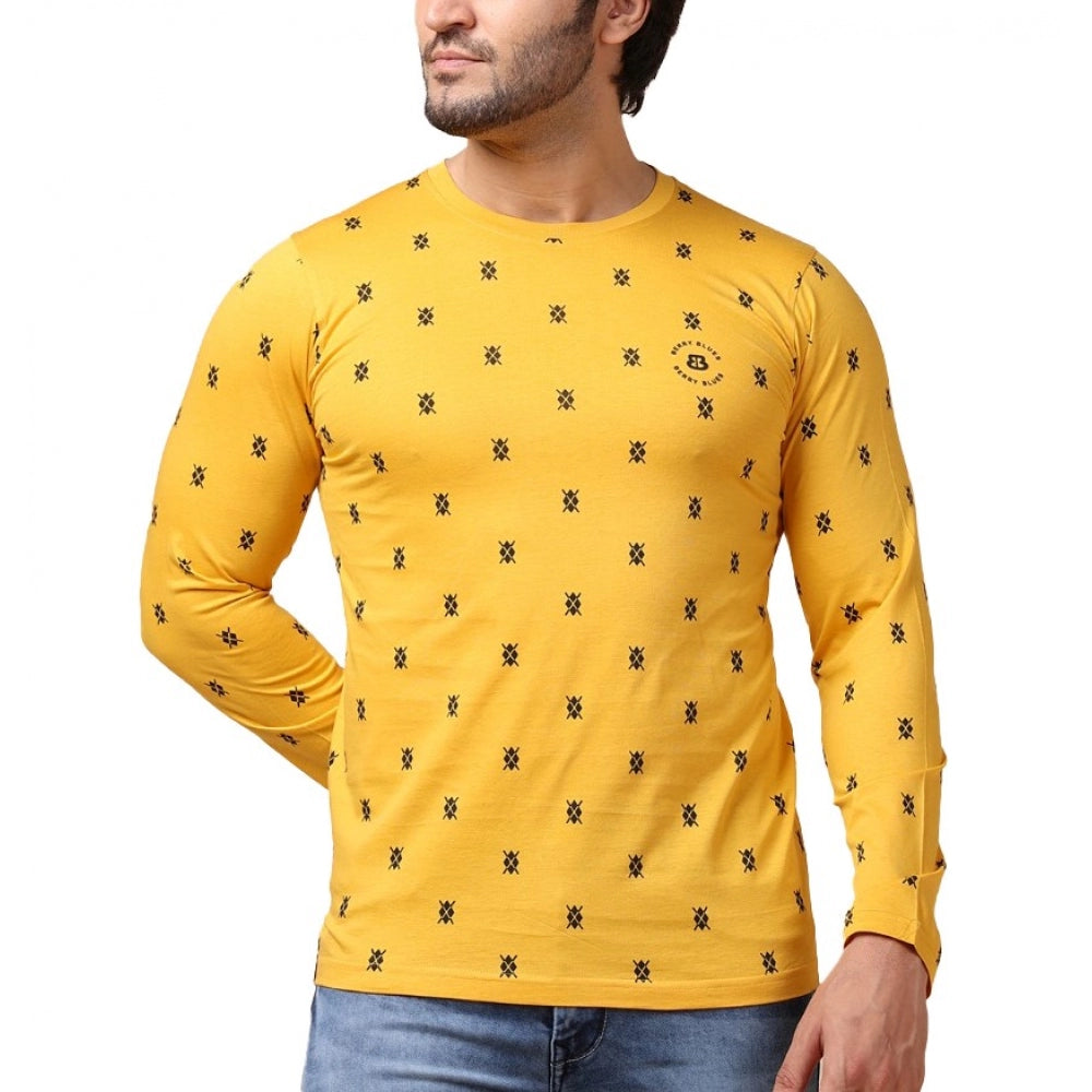 Men's Casual Cotton Printed Round Neck Full Sleeve T-Shirt (Mustard)