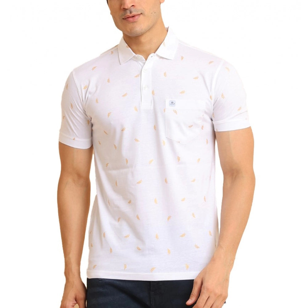 Men's Casual Cotton Printed Polo Neck Half Sleeve T-Shirt (White)