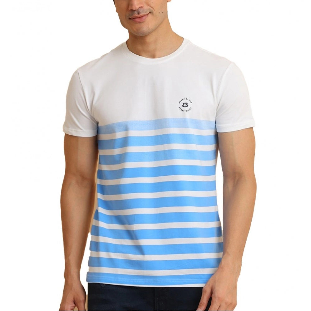 Men's Casual Cotton Printed Round Neck Half Sleeve T-Shirt (Blue)