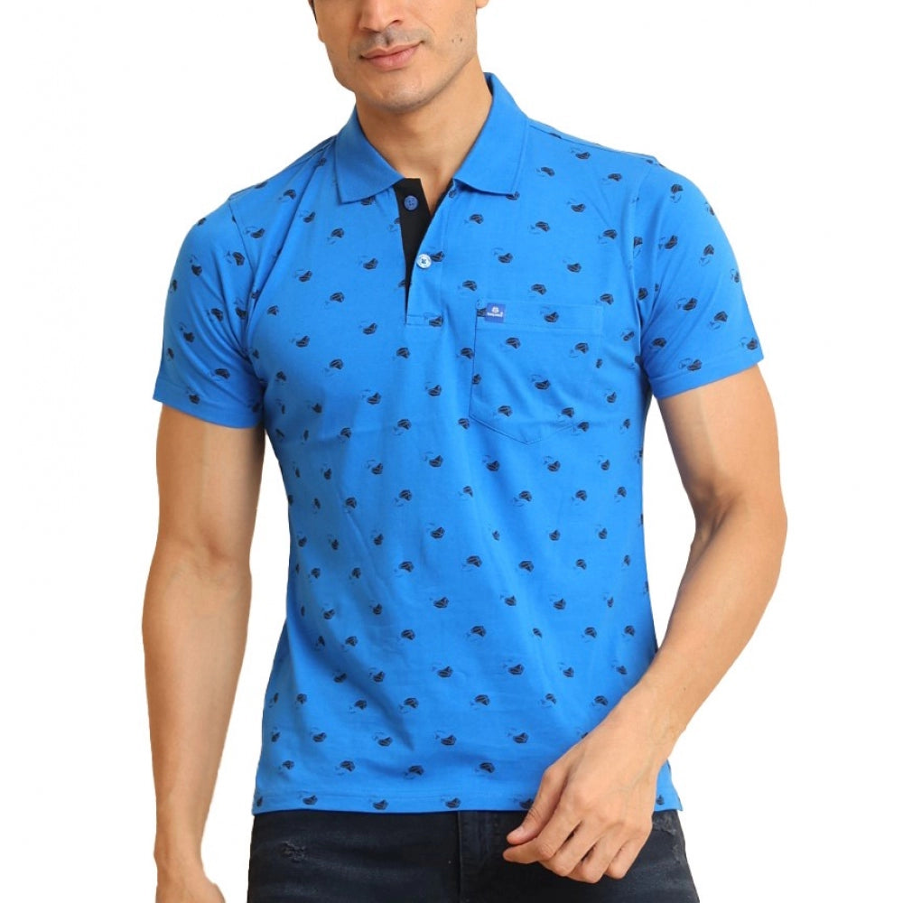 Men's Casual Cotton Printed Polo Neck Half Sleeve T-Shirt (Blue)