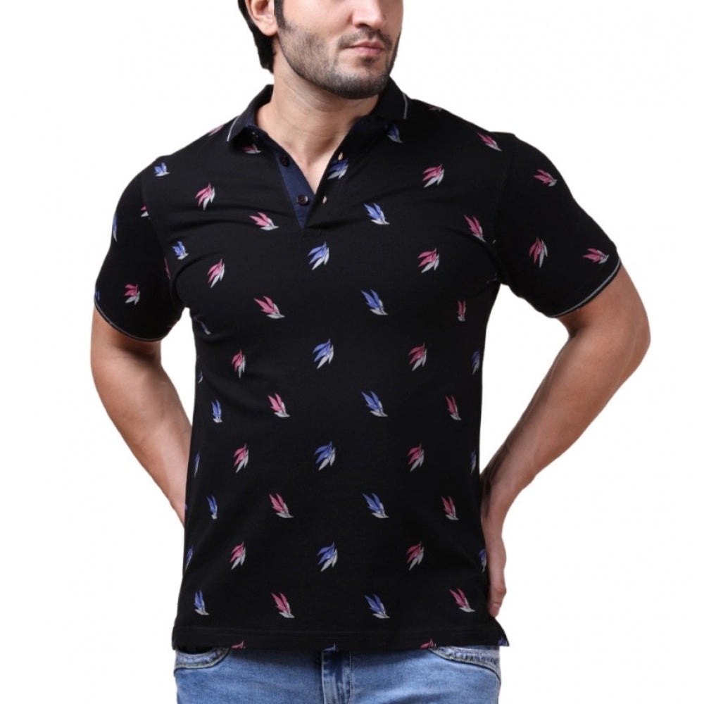 Men's Casual Cotton Printed Polo Neck Half Sleeve T-Shirt (Black)