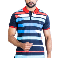 Men's Casual Cotton Printed Polo Neck Half Sleeve T-Shirt (Navy)