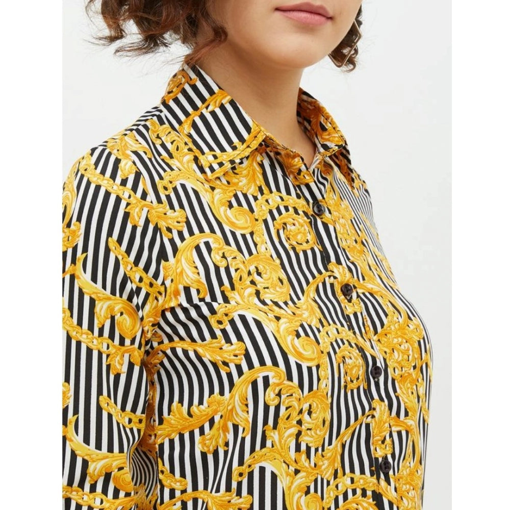 Women's Polyester Printed Roll Up Sleeve Standard Length Shirt (Mustared)