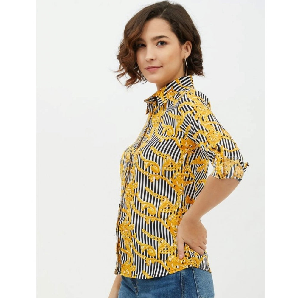 Women's Polyester Printed Roll Up Sleeve Standard Length Shirt (Mustared)