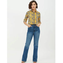 Women's Polyester Printed Roll Up Sleeve Standard Length Shirt (Mustared)