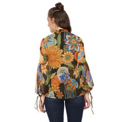 Women's Polyester Floral Balloon Sleeve Top (Mustard - Olive)