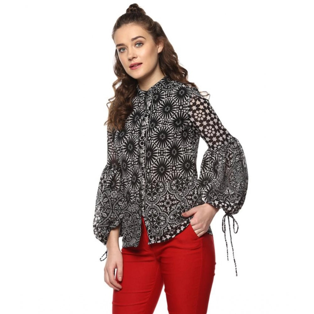 Women's Polyester Printed Balloon Sleeve Top (Black - White)