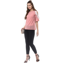 Women's Polyester Lace Inserts Half Sleeve Top (Pink)