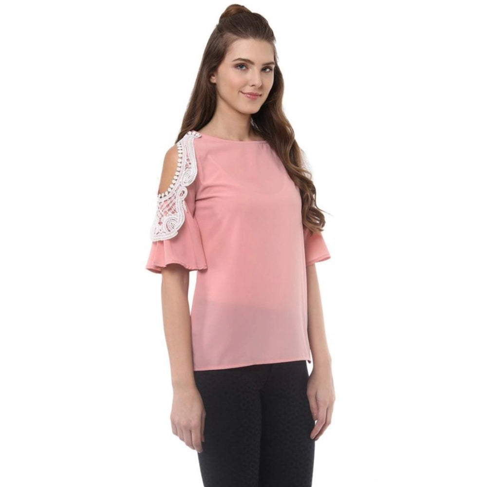 Women's Polyester Lace Inserts Half Sleeve Top (Pink)